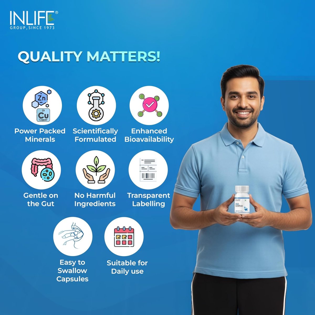 INLIFE Zinc Picolinate Supplements with Copper Gluconate Complex for Men and Women