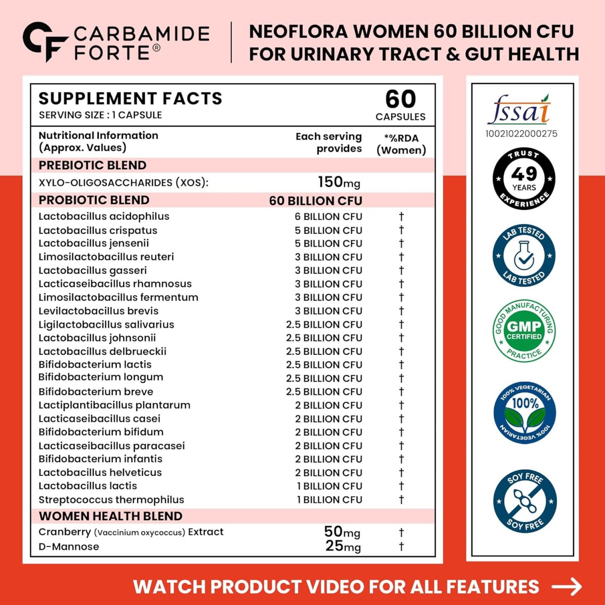 Carbamide Forte Women’s Probiotics 60 Billion CFU with Cranberry Extract & Prebiotics