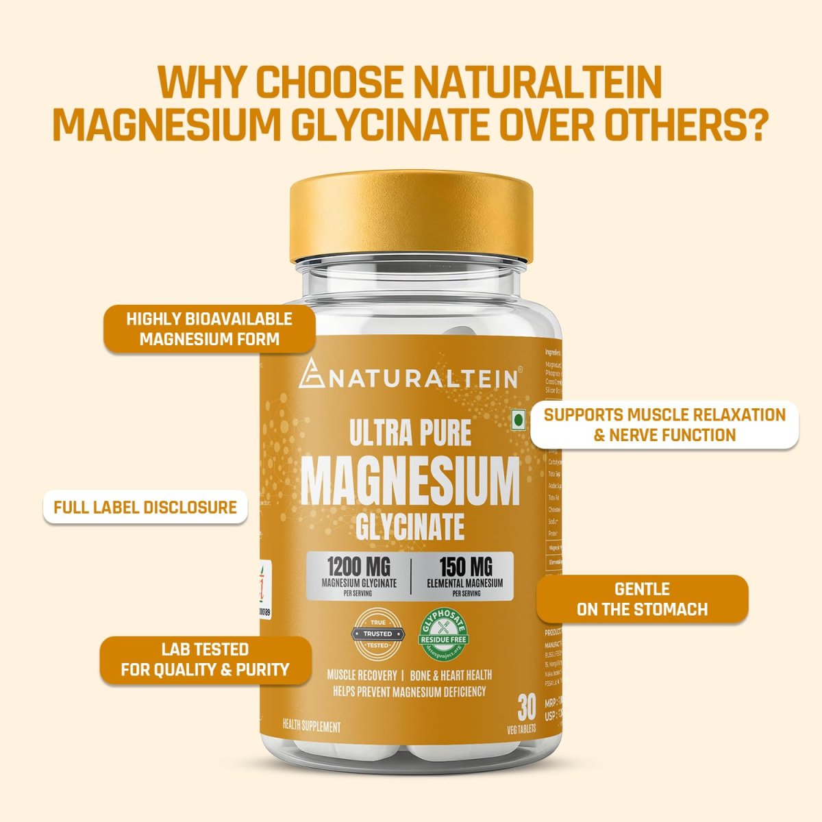 Naturaltein Magnesium Glycinate 1200mg (150mg Elemental) Chelated