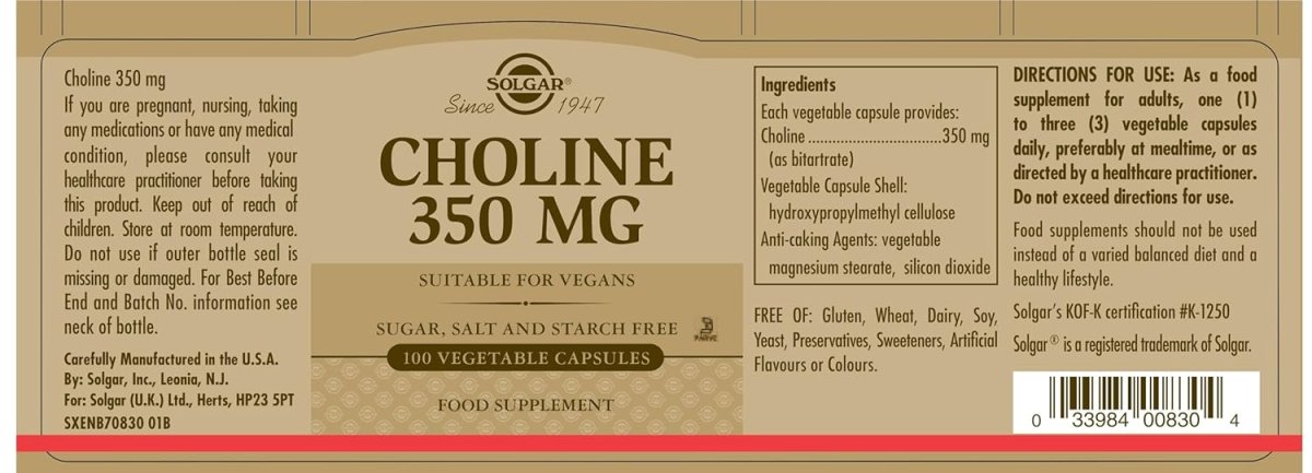 Solgar Choline 350mg Vegetable Capsules - 100 Count