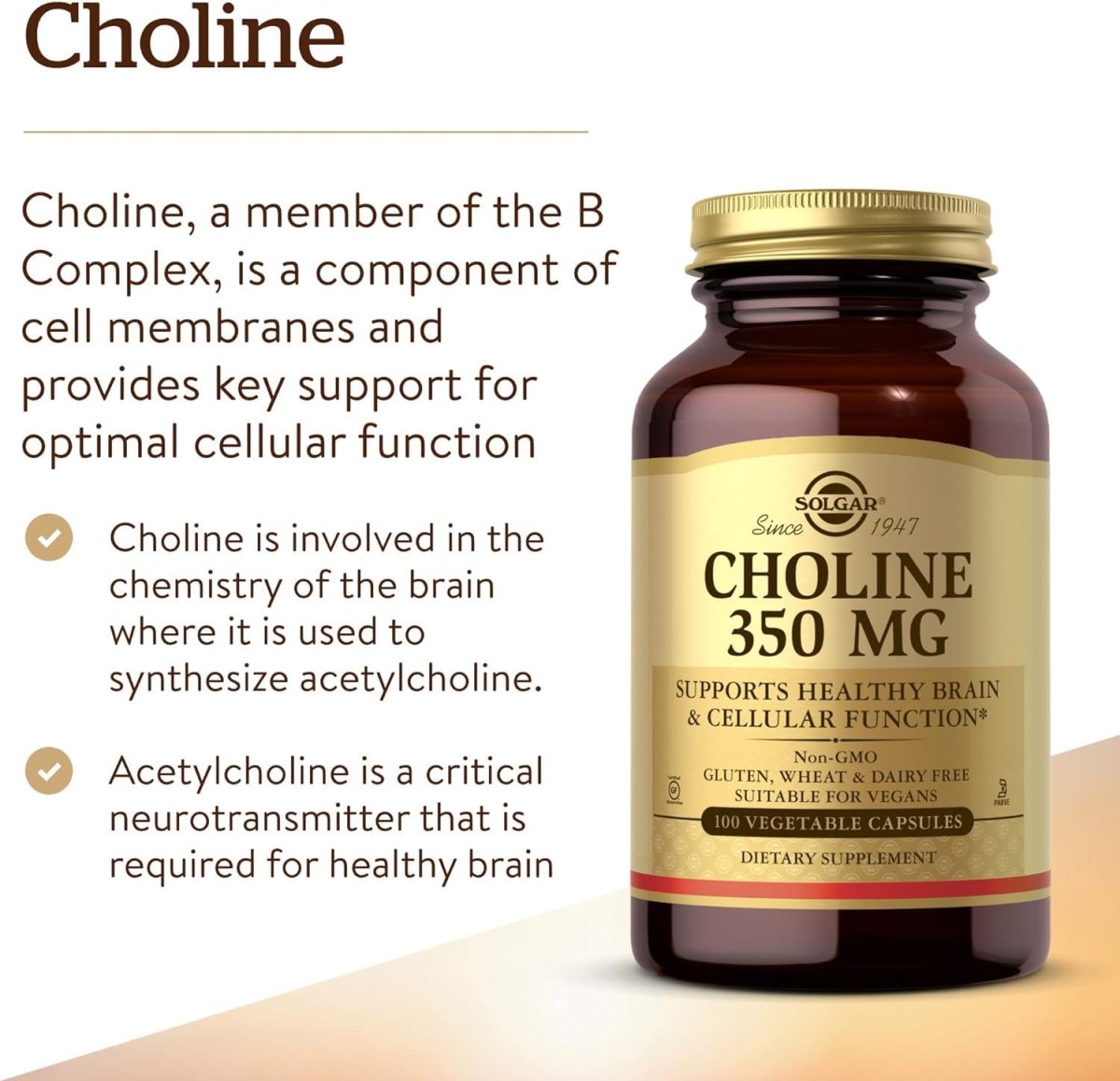 Solgar Choline 350mg Vegetable Capsules - 100 Count