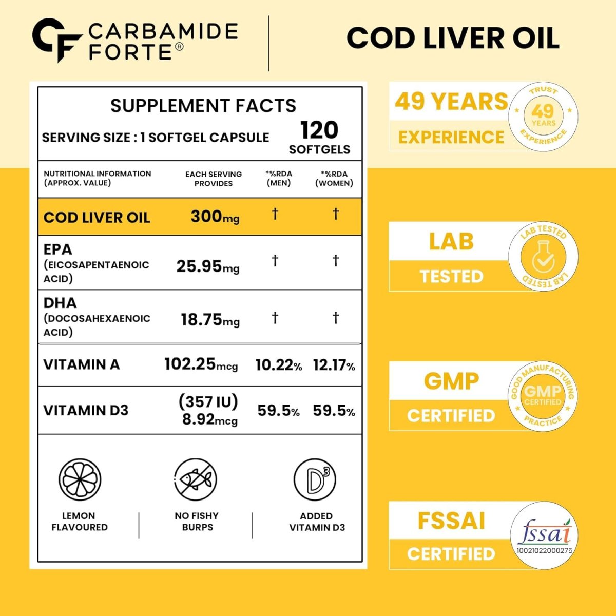 Carbamide Forte Cod Liver Oil 300mg Omega 3 with EPA DHA & Vitamin D3