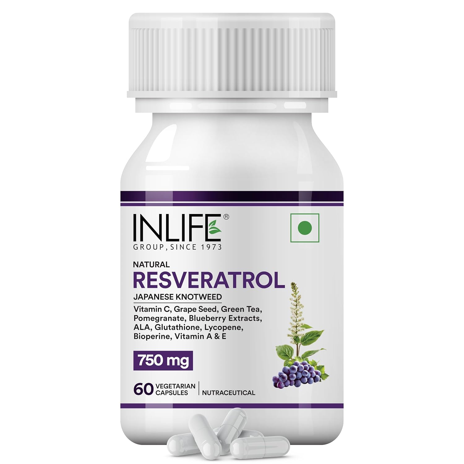 INLIFE Resveratrol 750mg - High Potency Antioxidant & Anti-Aging Support - 60 Veg Capsules