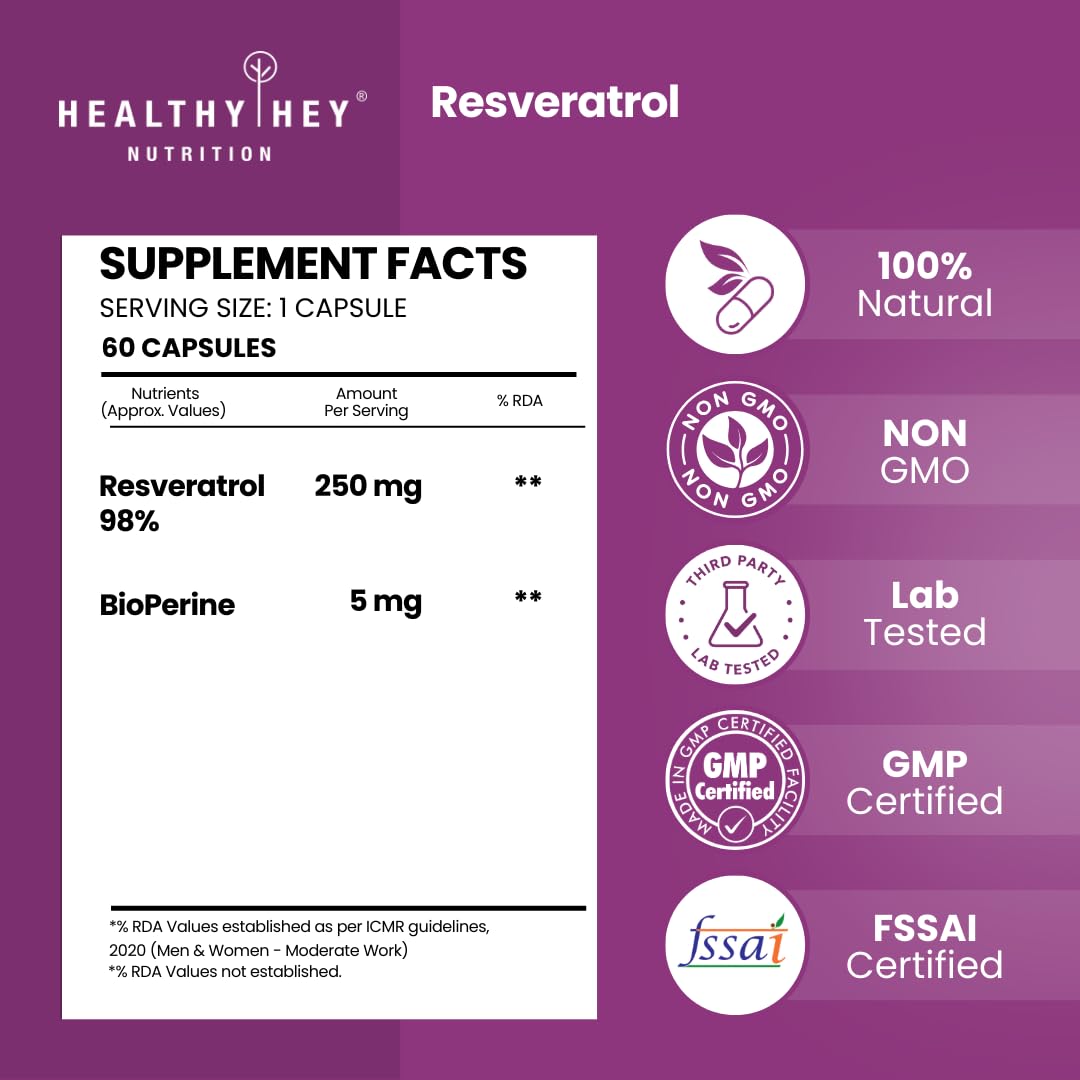 HealthyHey Nutrition Resveratrol Extract 98% Plus BioPerine for Enhanced Absorption