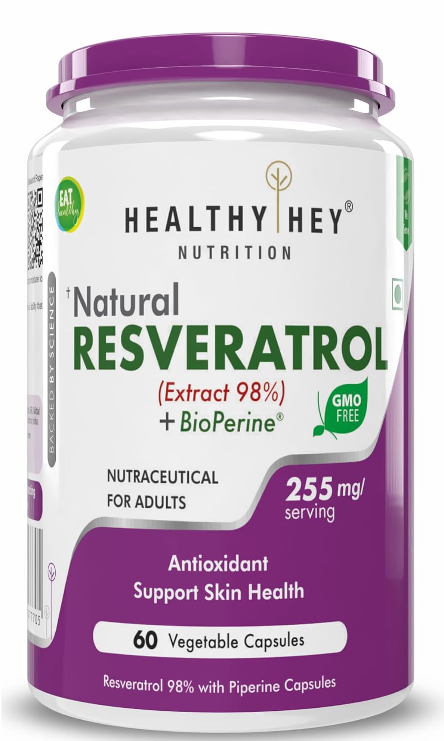 HealthyHey Nutrition Resveratrol Extract 98% Plus BioPerine for Enhanced Absorption