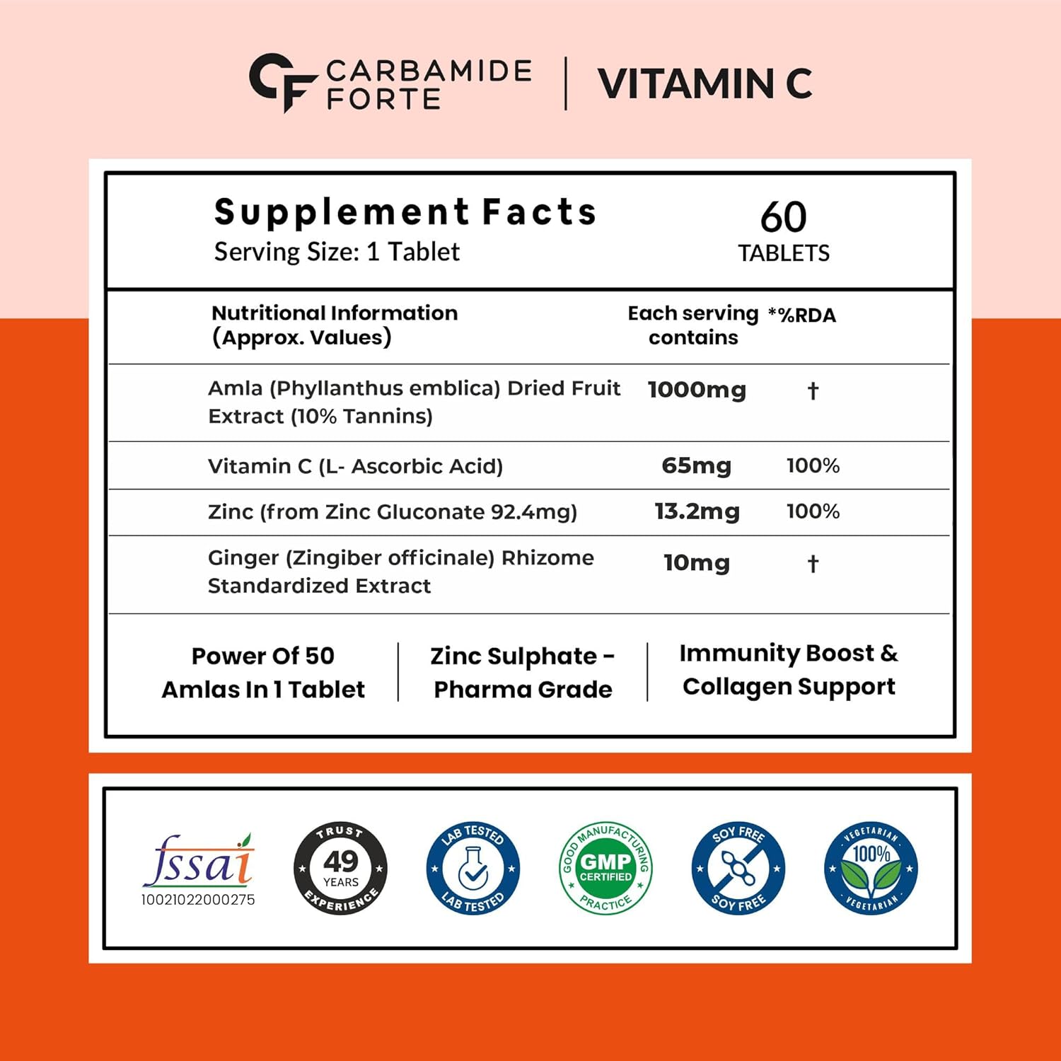 Carbamide Forte Natural Vitamin C Supplements Amla Extract With Zinc For Immunity & Skincare