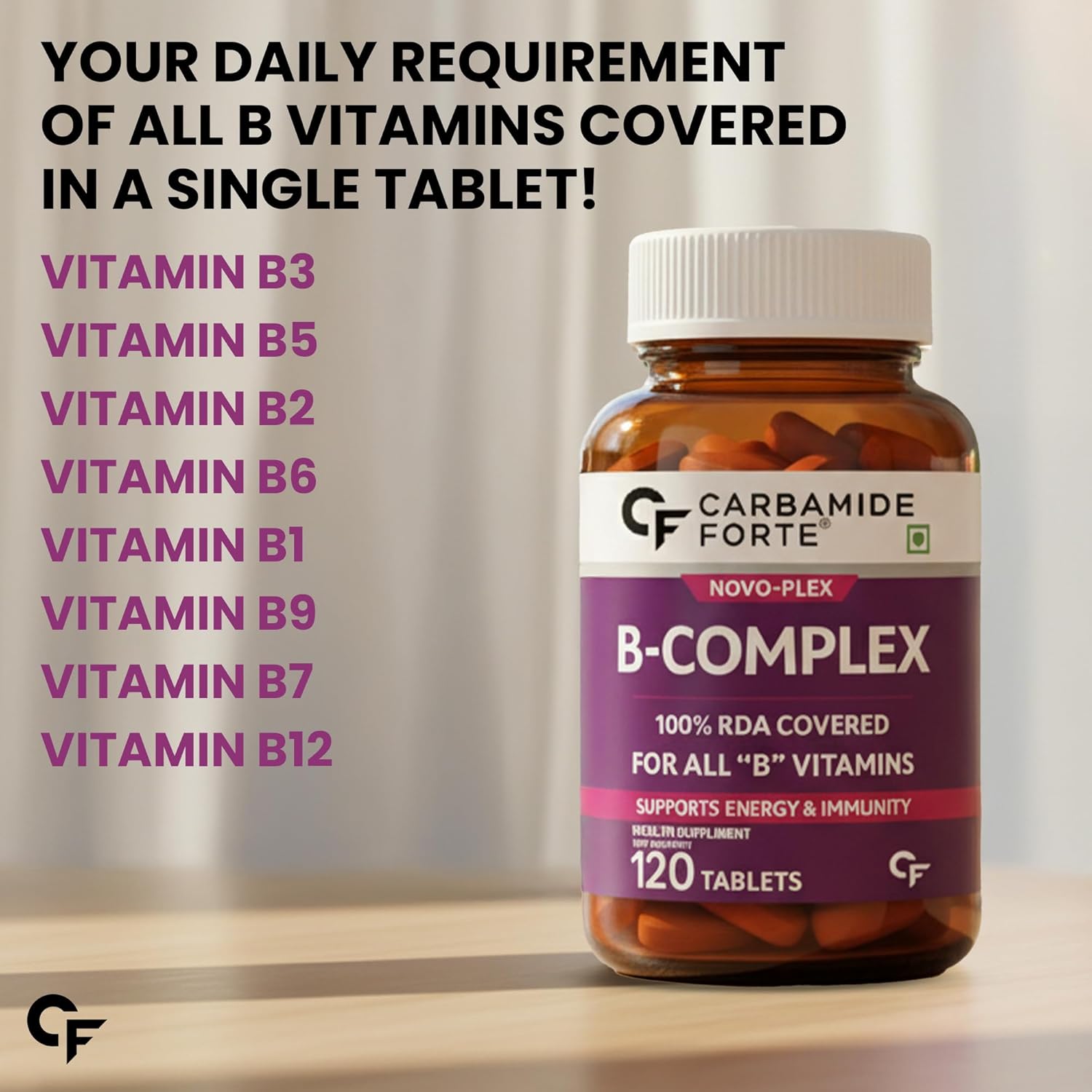 Carbamide Forte Vitamin B-Complex Tablets - 100% RDA for B Vitamins with B1, B2, B3, B5, B6, B9 & Vitamin B12
