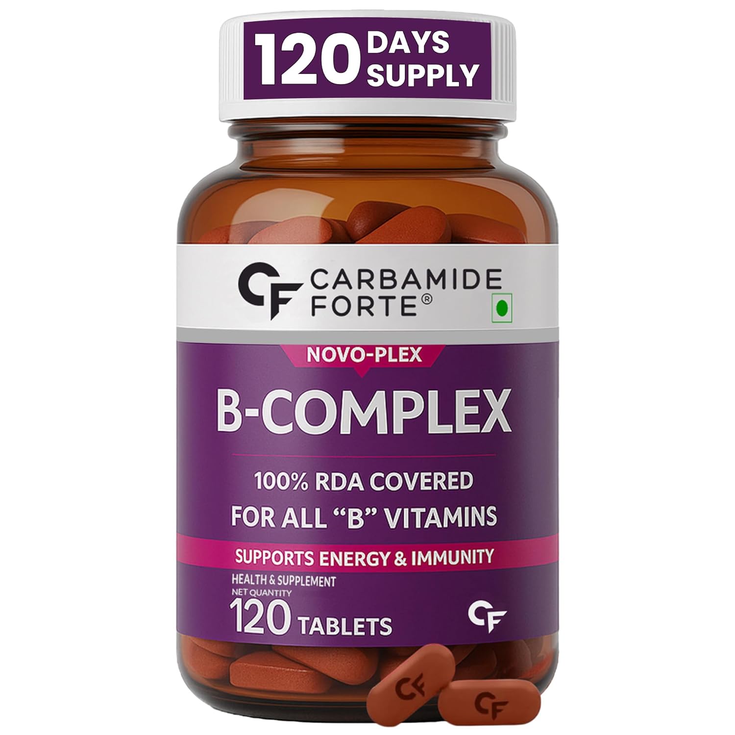 Carbamide Forte Vitamin B-Complex Tablets - 100% RDA for B Vitamins with B1, B2, B3, B5, B6, B9 & Vitamin B12