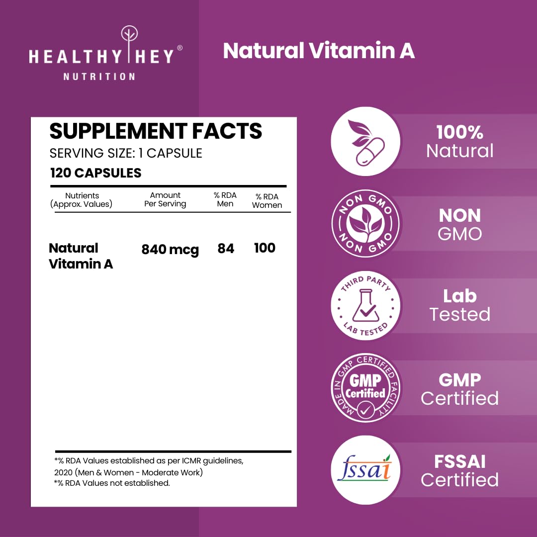 HealthyHey Nutrition Natural Vitamin A from Beta Carotene - 120 Veg Capsules
