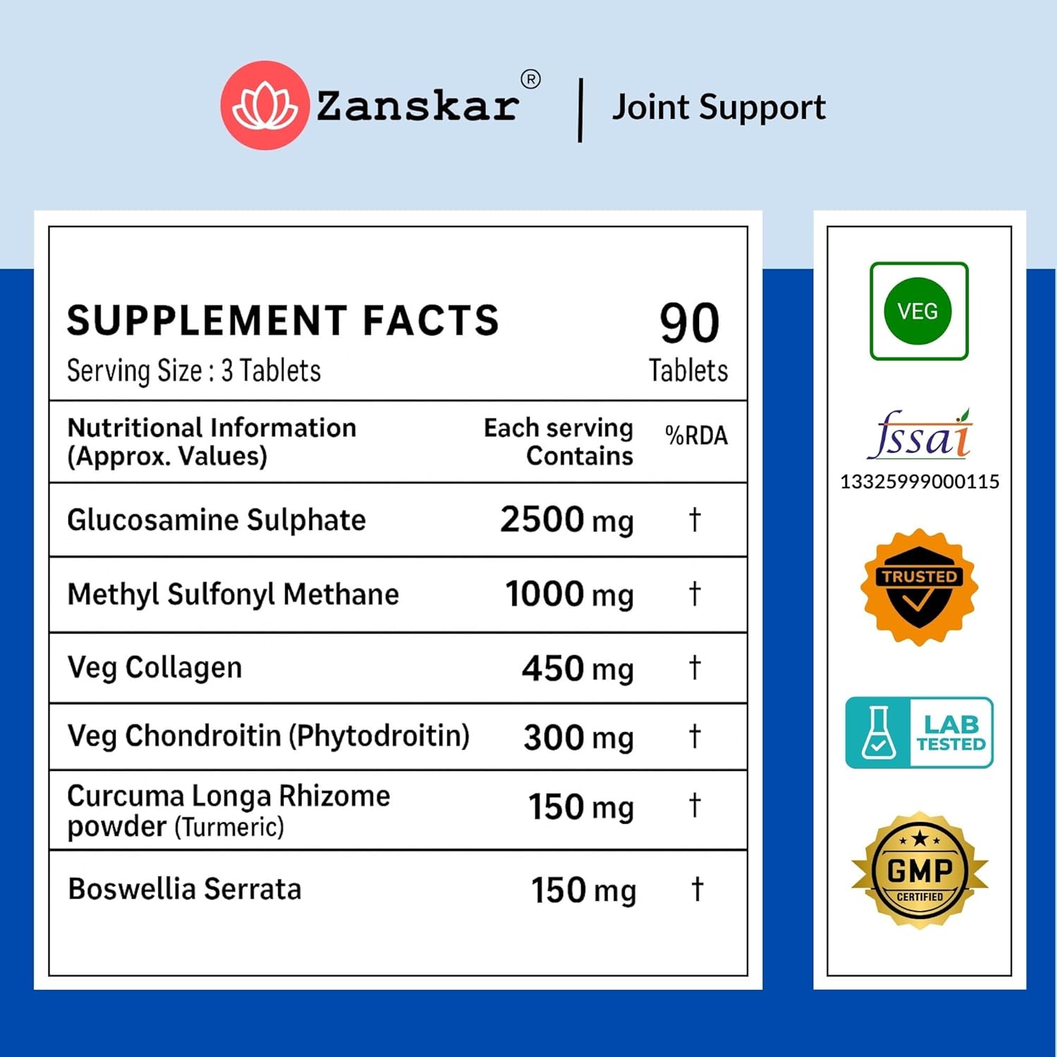 Zanskar Joint Support Supplement (60 Tablets) - 100% Veg with Glucosamine, Chondroitin, MSM, Collagen & Curcumin 4500mg
