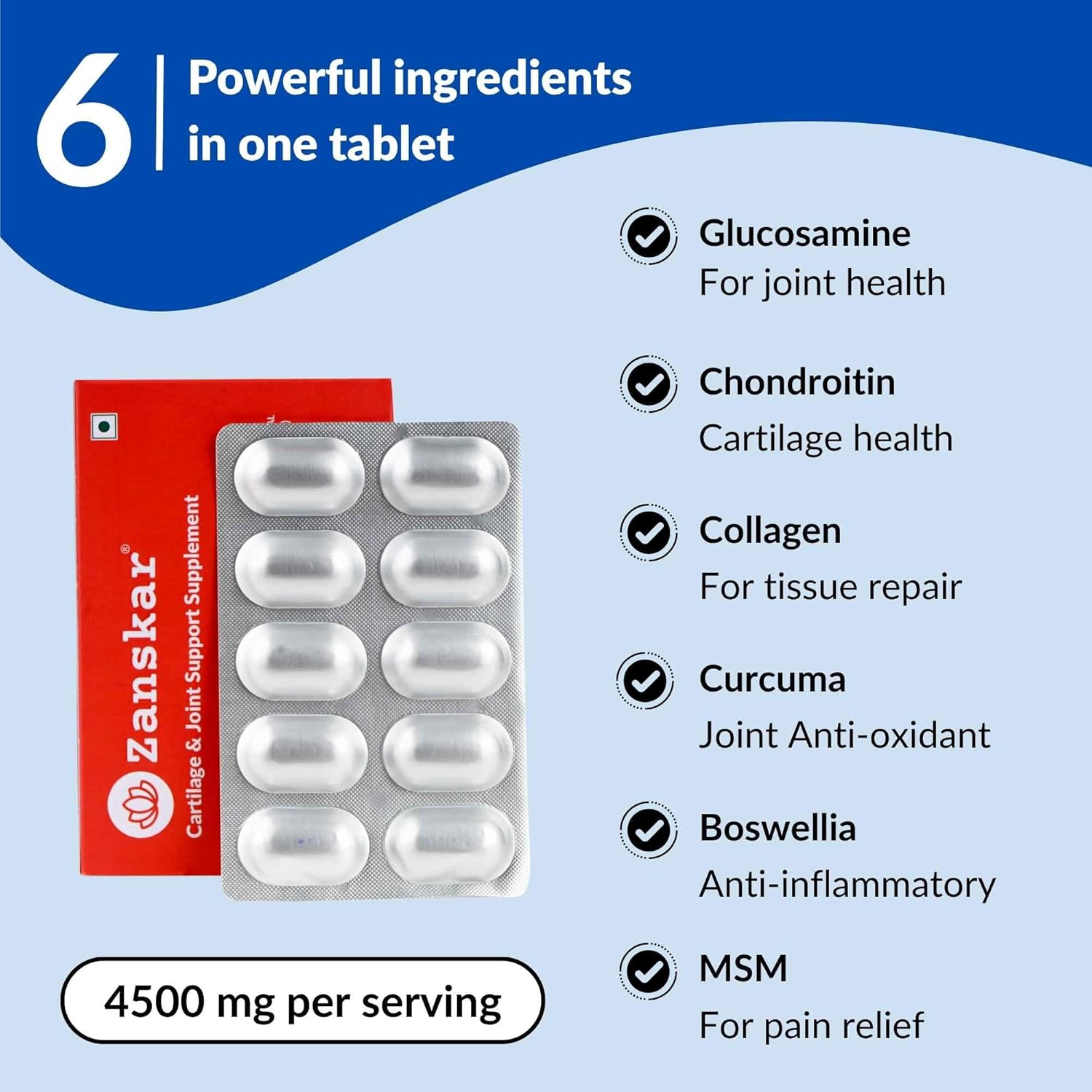 Zanskar Joint Support Supplement (60 Tablets) - 100% Veg with Glucosamine, Chondroitin, MSM, Collagen & Curcumin 4500mg