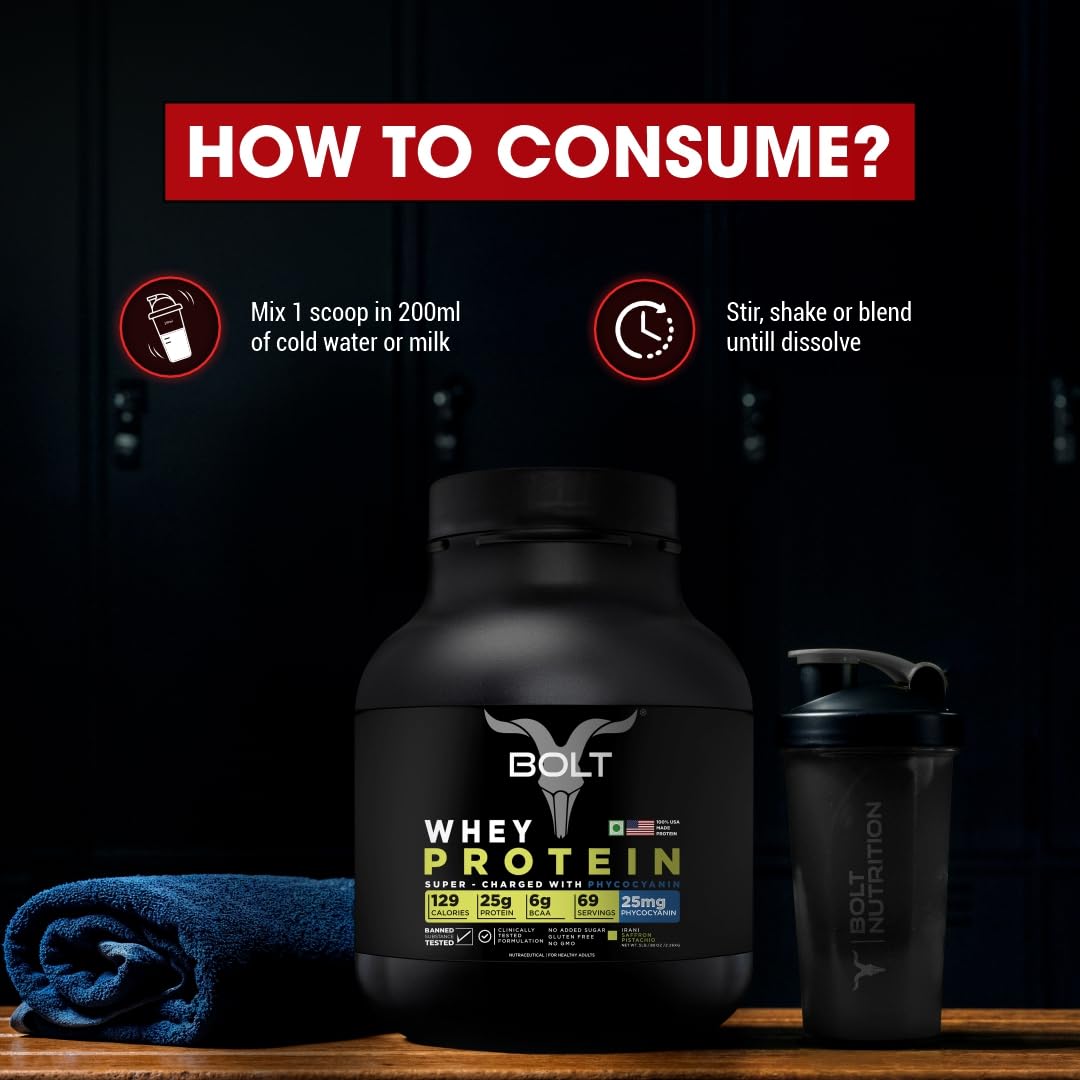Bolt 100% Whey Protein Powder - 25g Protein Per Scoop, 6G BCAA, Saffron Pistachio Flavor, 5LB, 2.268 kg (69 Servings)