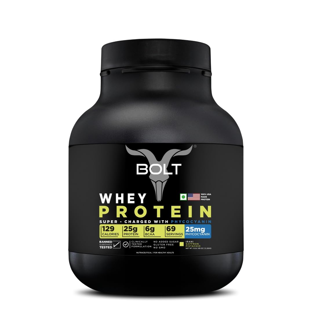 Bolt 100% Whey Protein Powder - 25g Protein Per Scoop, 6G BCAA, Saffron Pistachio Flavor, 5LB, 2.268 kg (69 Servings)