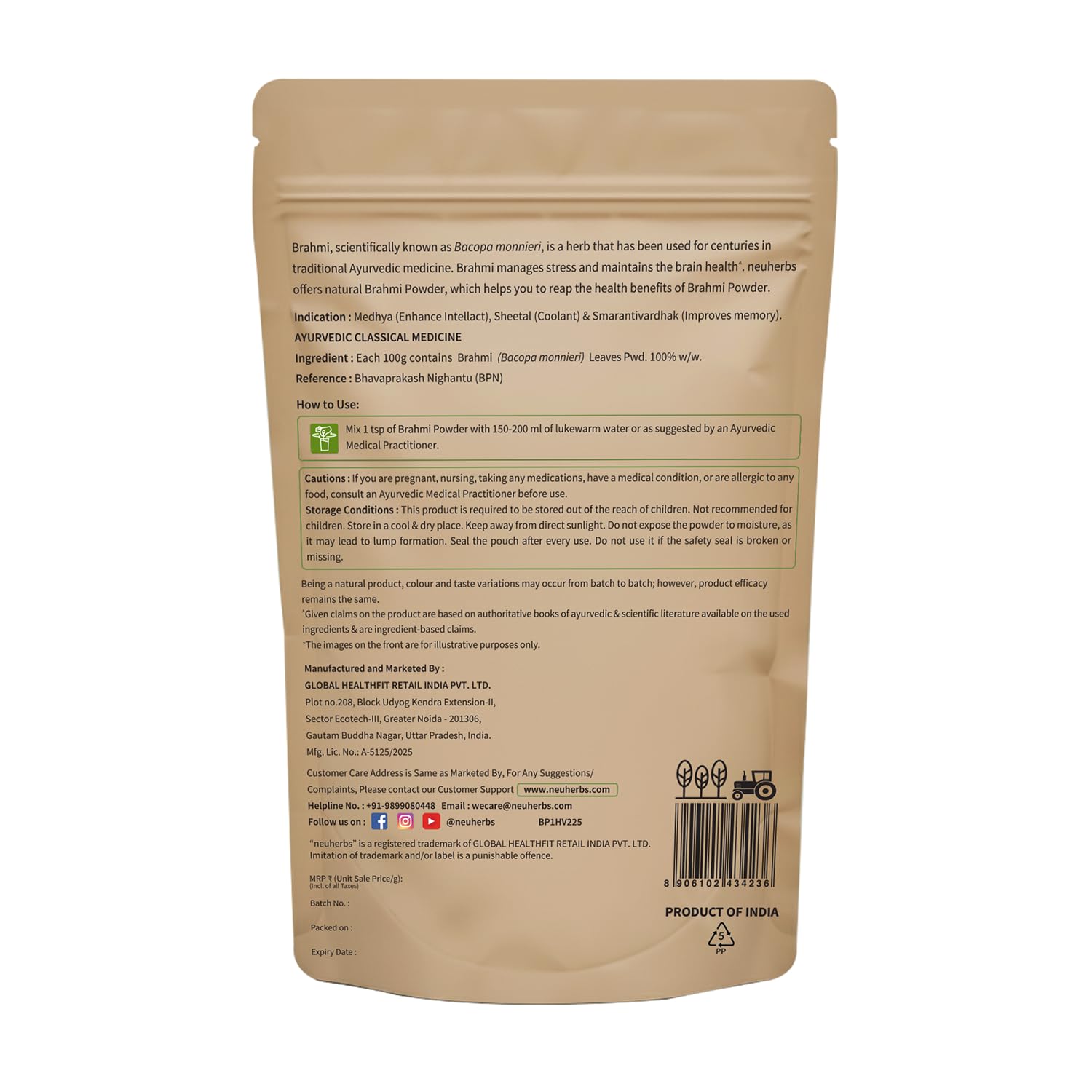 Neuherbs 100% Pure Brahmi Powder (100g) for Stress Management & Enhanced Brain Health | Ayurvedic Nootropic for Men & Women