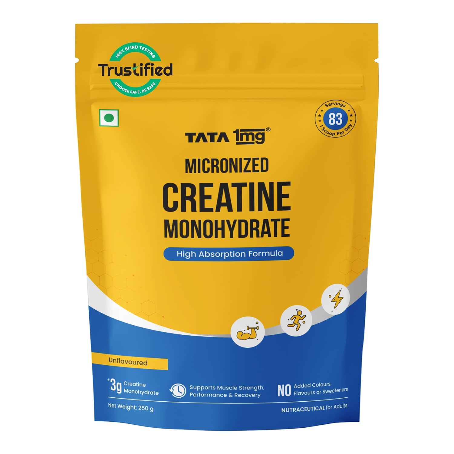 TATA 1MG Pure Creatine Monohydrate | DCT & DHT Safe | Unflavoured | 250gm | Maximize Strength, Power & Recovery
