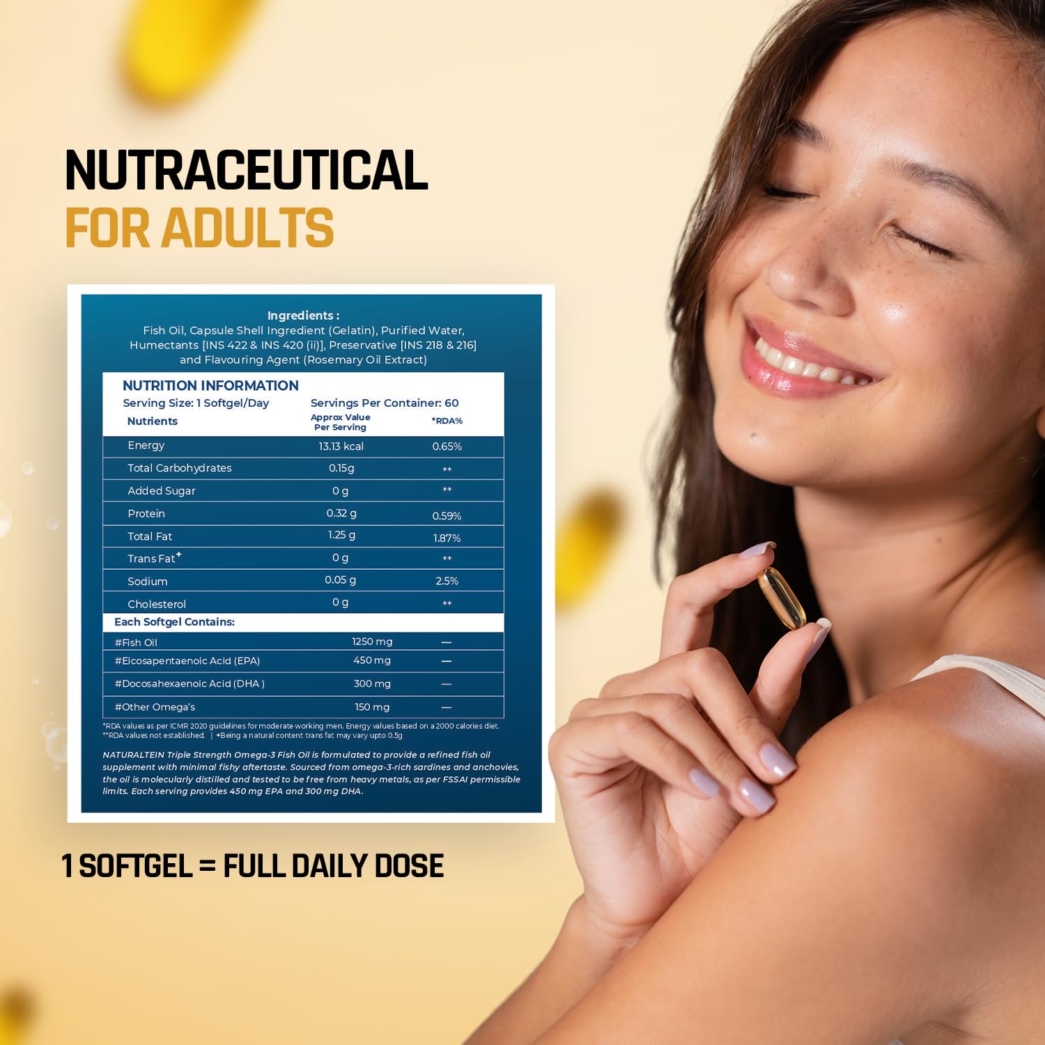NATURALTEIN Omega-3 Fish Oil 1250mg Triple Strength Softgel Capsules | High EPA & DHA for Heart, Brain & Joint Health