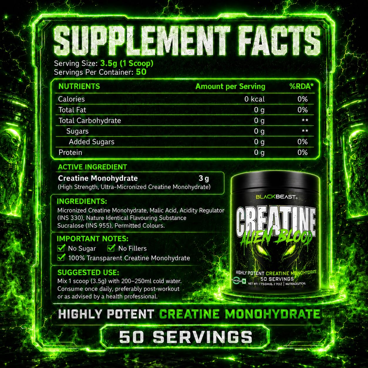 Black Beast Creatine Alien Blood Edition | Trustified Certified Monohydrate for Peak Performance
